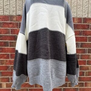 C.O.Z.Y Striped Gray and White Sweater Boxy Cozy Neutral Color Swaths XXL